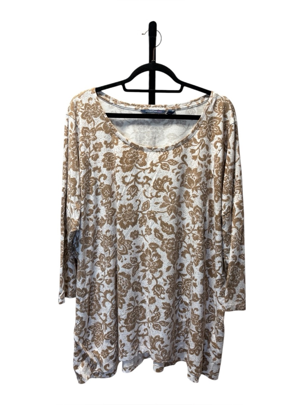 Isaac Mizrahi Cream and Brown Floral Scoop Neck Long Sleeve Top